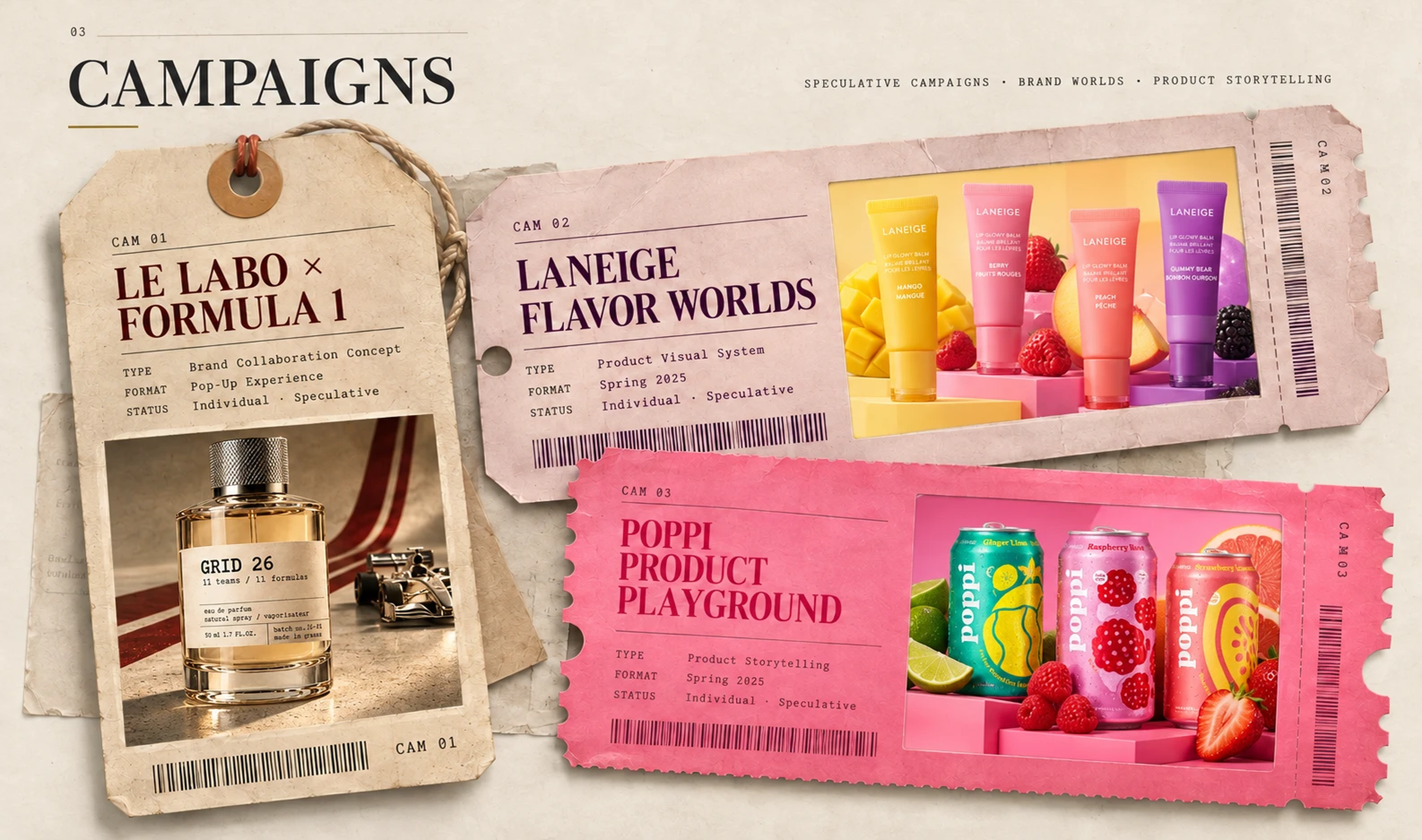 Campaigns — three campaign boarding-pass tickets: Le Labo × Formula 1, Laneige Flavor Worlds, and Poppi Product Playground.