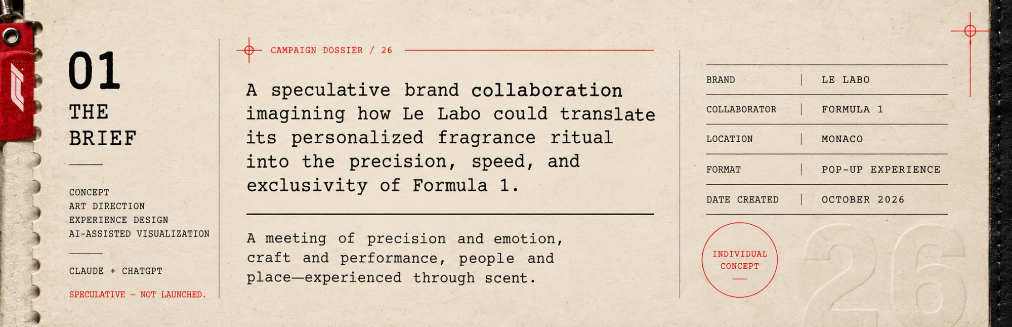 01. The Brief — Campaign Dossier / 26. A speculative brand collaboration imagining how Le Labo could translate its personalized fragrance ritual into the precision, speed, and exclusivity of Formula 1. A meeting of precision and emotion, craft and performance, people and place—experienced through scent. Role: Concept, Art Direction, Experience Design, AI-Assisted Visualization. Tools: Claude + ChatGPT. Brand: Le Labo. Collaborator: Formula 1. Location: Monaco. Format: Pop-Up Experience. Date Created: October 2026. Individual Concept. Speculative — Not Launched.
