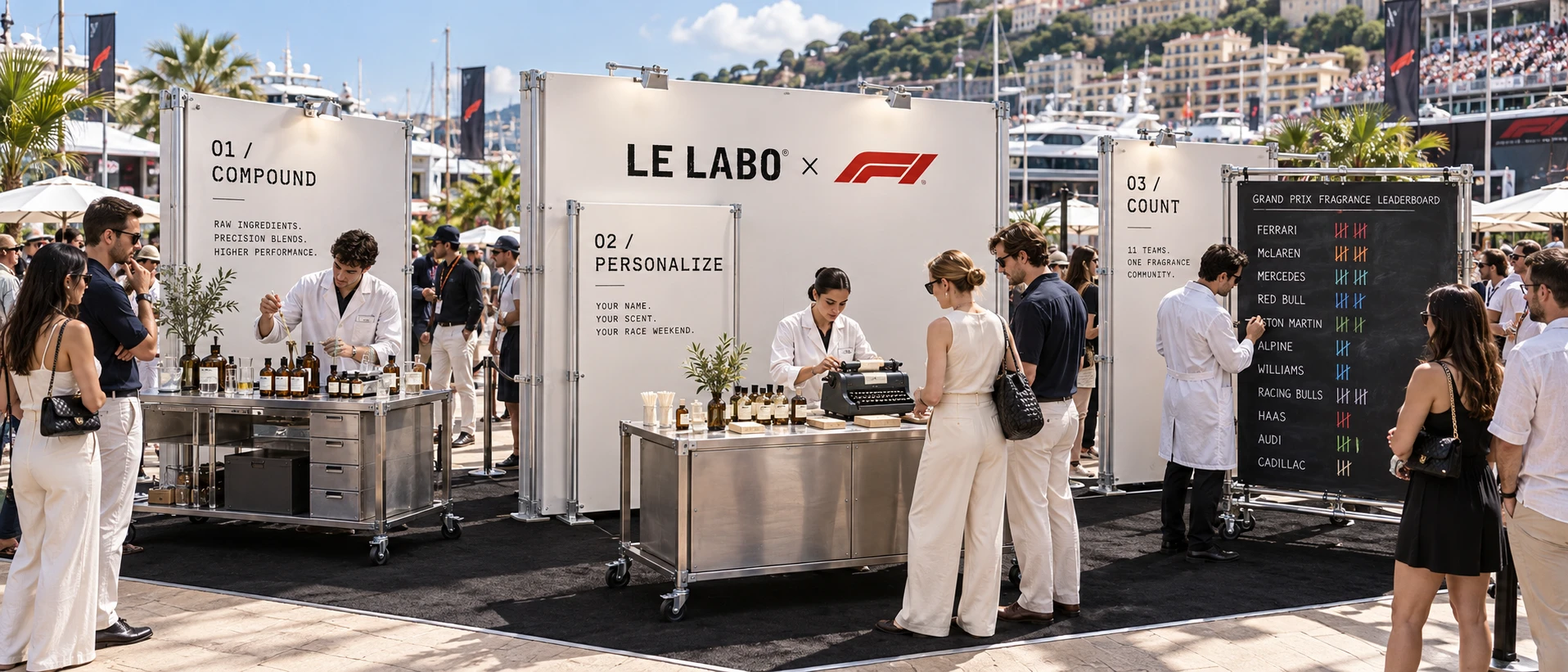 Proposed Le Labo × Formula 1 Monaco pop-up activation on the harborfront during race weekend, with yachts and the hillside city in the background. Three modular white stations: 01 Compound (raw ingredients, precision blends, higher performance), with a chemist in a lab coat mixing ingredients from amber bottles at a steel cart; a center station reading Le Labo × F1 above 02 Personalize (your name, your scent, your race weekend), with a staff member typing a label on a vintage typewriter for two visitors; and 03 Count (11 teams, one fragrance community), with a chemist working beside a chalkboard Grand Prix Fragrance Leaderboard tallying votes for Ferrari, McLaren, Mercedes, Red Bull, Aston Martin, Alpine, Williams, Racing Bulls, Haas, Audi, and Cadillac. Visitors in race-weekend white attire browse the stations.