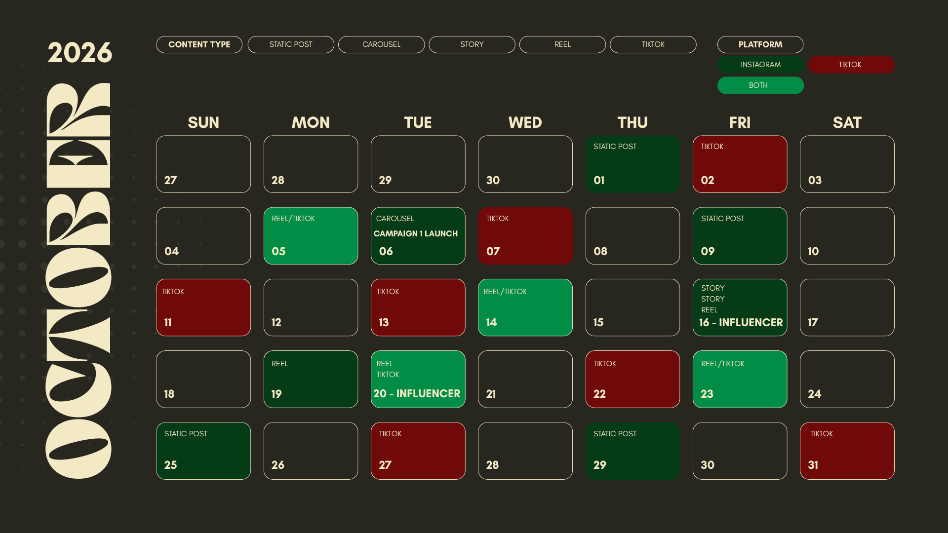 October 2026 content calendar showing daily content type and platform for each post