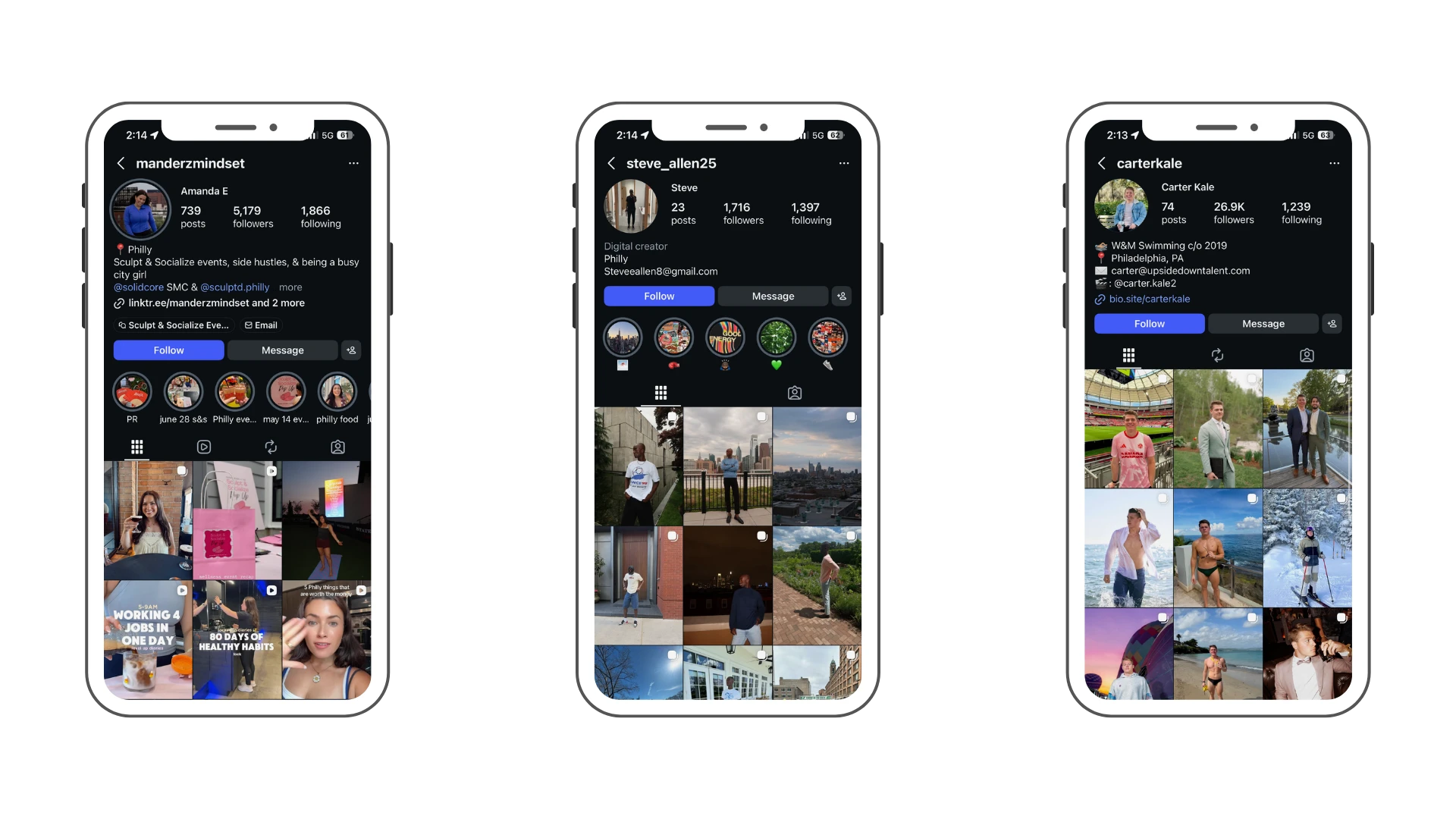 Creator research: Instagram profiles for manderzmindset, steve_allen25, and carterkale