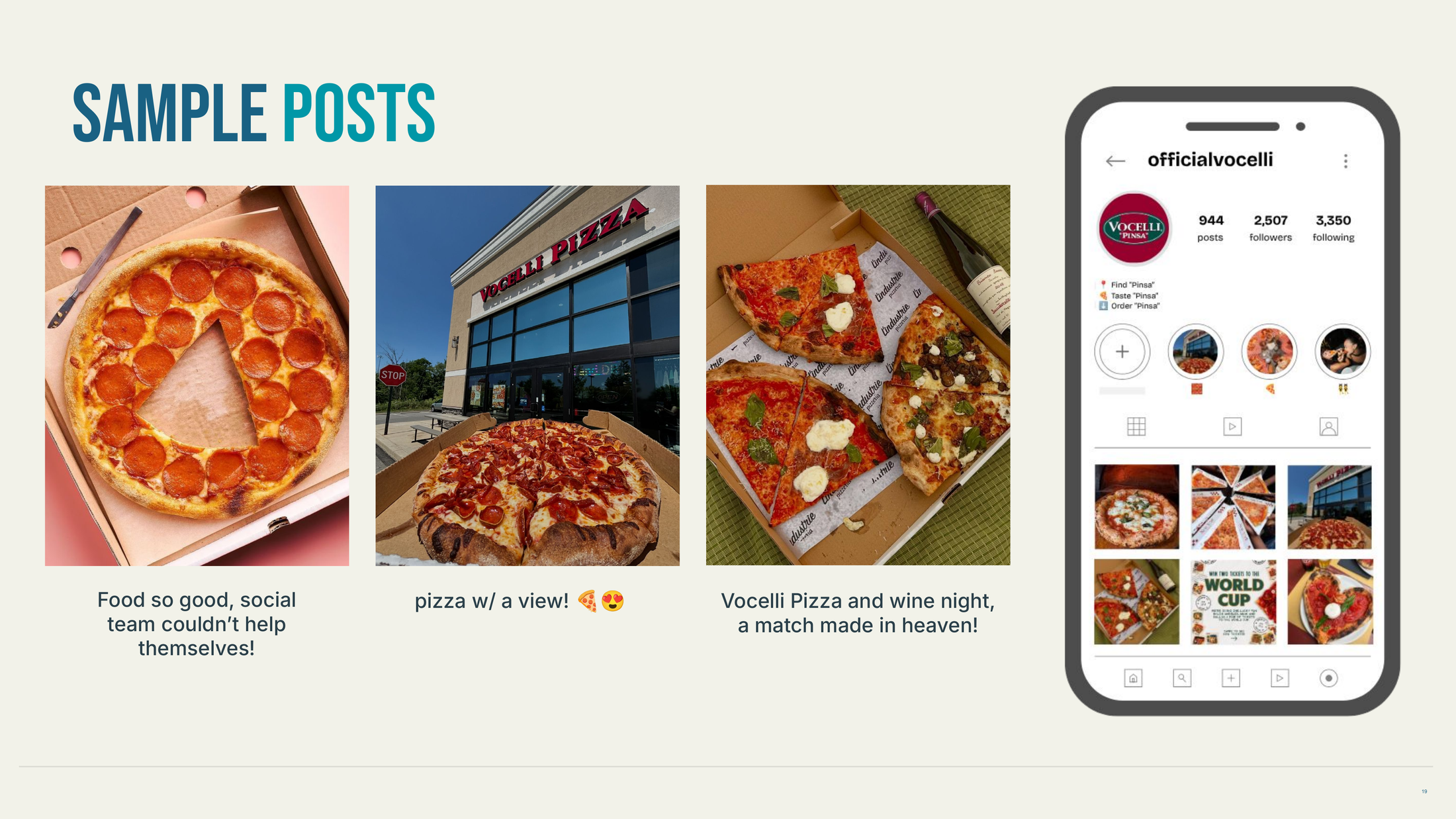 Deck slide 19: Sample Posts — three real social post mockups and an officialvocelli Instagram profile mockup