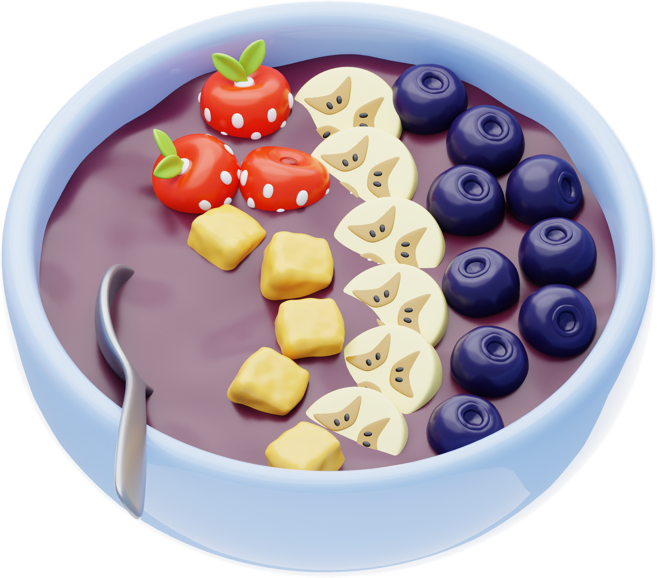A large açaí bowl topped with sliced strawberries, bananas, blueberries, and a spoon resting inside.